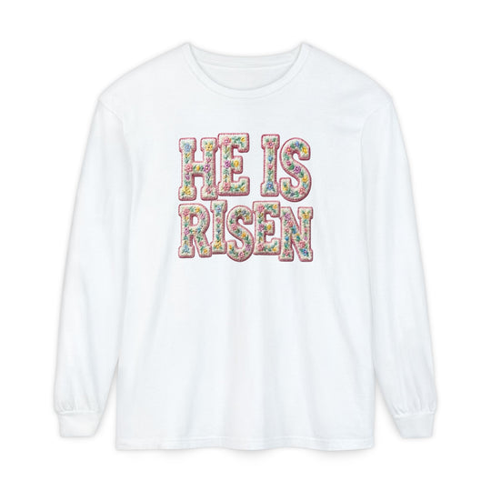 He is Risen Long Sleeve Tee with floral-patterned lettering, 100% ring-spun cotton, offering a relaxed fit for comfort and style.