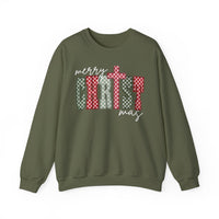 Olive-green crewneck sweatshirt with merry Christmas in checker-board letters, featuring a cross-styled T, from Faith Family Designs' cozy holiday collection.