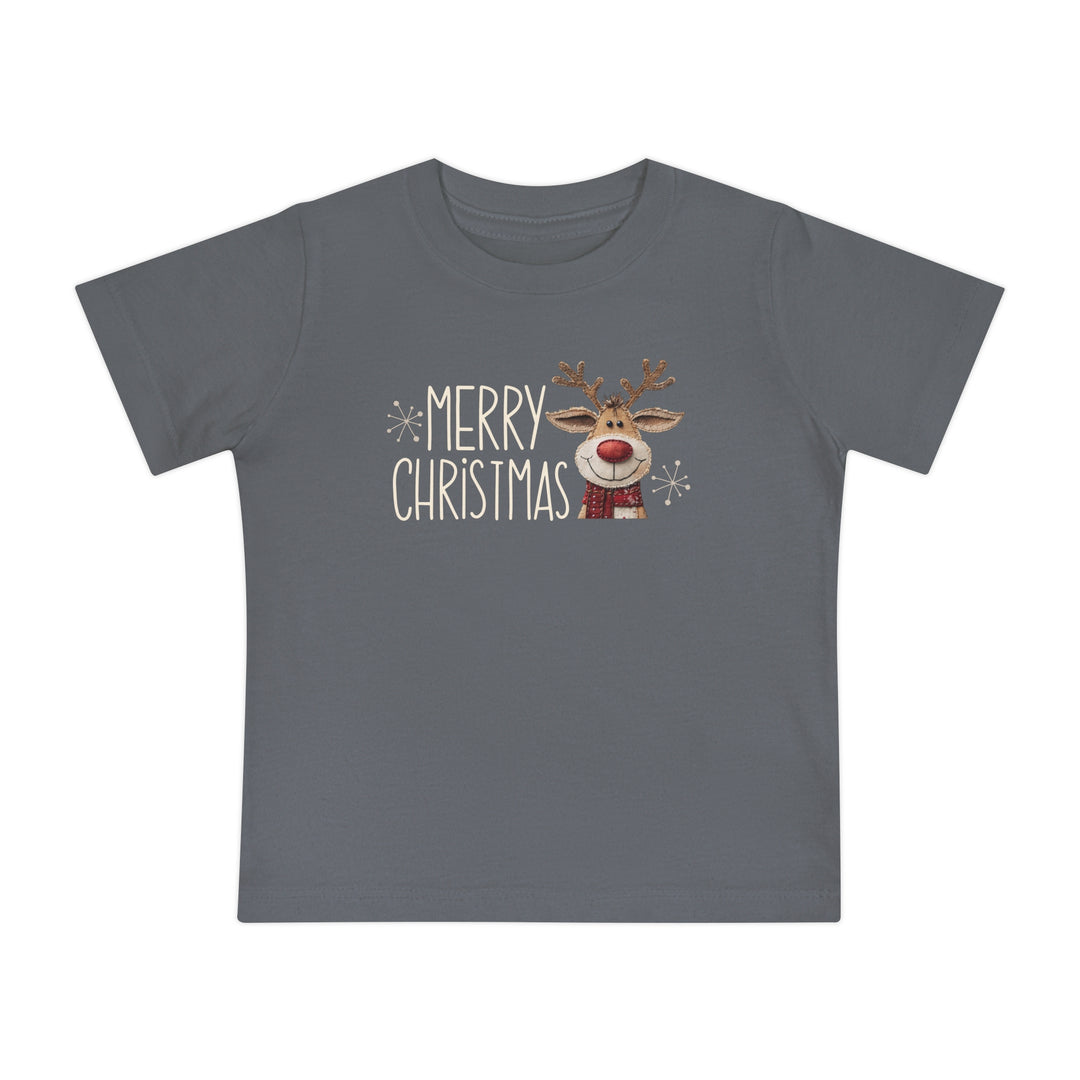 Merry Christmas Reindeer Baby Tee: Charcoal-gray children's T-shirt featuring a cartoon reindeer with a red scarf and MERRY CHRISTMAS text, ideal for stylish, comfortable holiday wear.