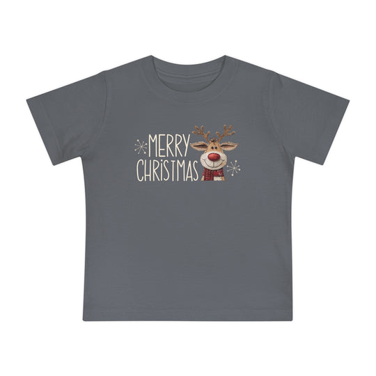 Merry Christmas Reindeer Baby Tee: Charcoal-gray children's T-shirt featuring a cartoon reindeer with a red scarf and MERRY CHRISTMAS text, ideal for stylish, comfortable holiday wear.