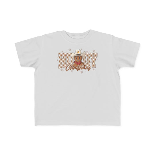 Howdy Christmas Toddler Tee featuring a gingerbread cookie in a cowboy hat, surrounded by snowflakes, with Howdy Christmas text. Soft, durable, perfect for toddlers.