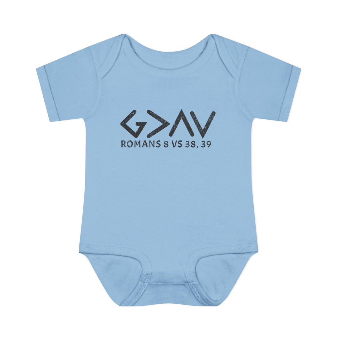 God is Greater Onesie: A blue baby bodysuit with black text, designed for comfort with lap shoulders and soft, ring-spun cotton.