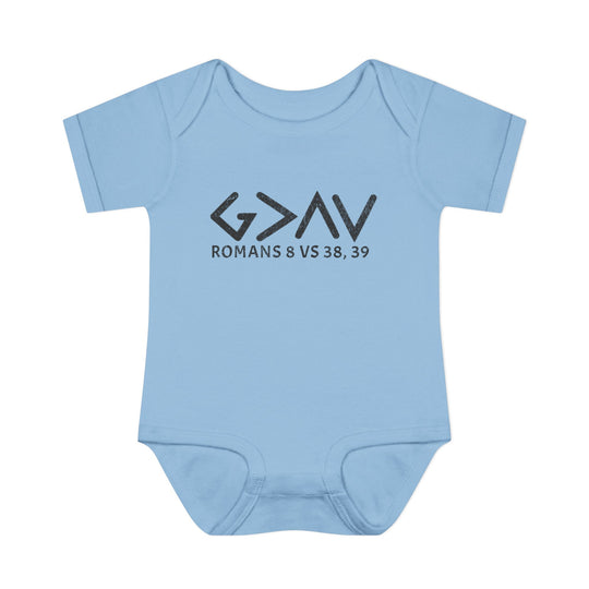 God is Greater Onesie: A blue baby bodysuit with black text, designed for comfort with lap shoulders and soft, ring-spun cotton.