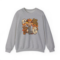 Heather-gray Gobble Crew sweatshirt featuring a crochet-style applique with GOBBLE in fall colors and a cartoon turkey, perfect for cozy autumn wear.