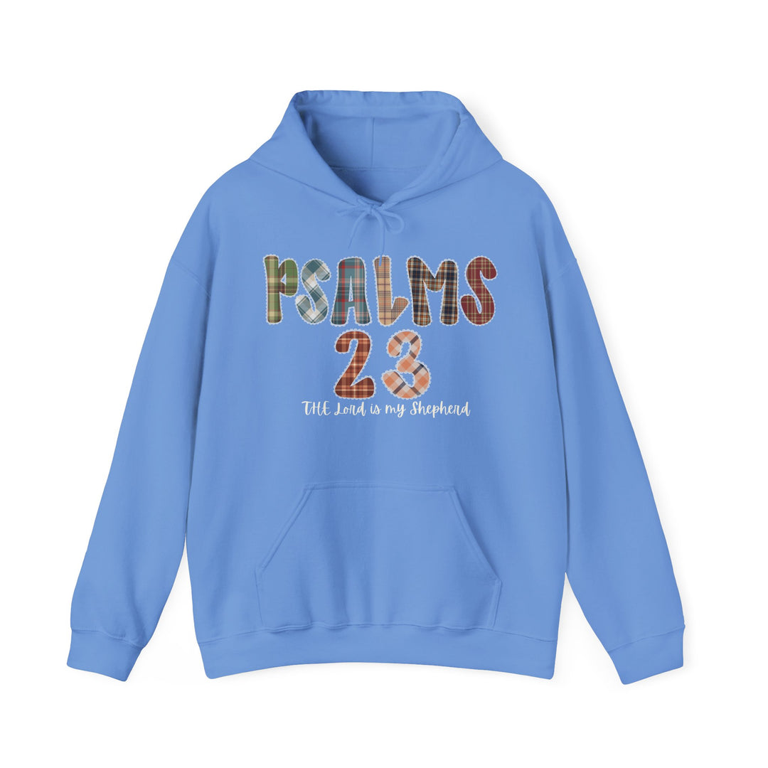 Light-blue Psalms 23 hoodie with multicolored letters and The Lord is my Shepherd beneath, featuring a kangaroo pocket and drawstring hood.
