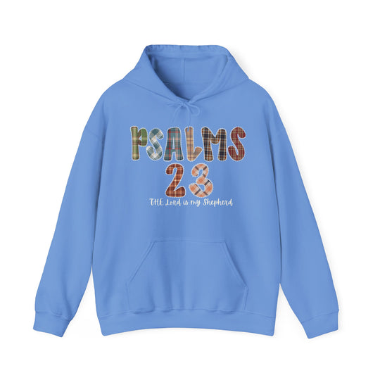 Light-blue Psalms 23 hoodie with multicolored letters and The Lord is my Shepherd beneath, featuring a kangaroo pocket and drawstring hood.