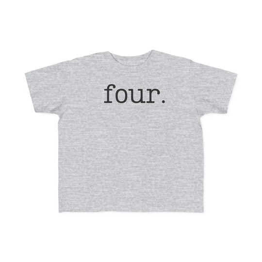 A toddler tee featuring a grey fabric with bold black text. Soft and gentle on sensitive skin, made of 100% combed, ring-spun cotton. Perfect for little adventurers.