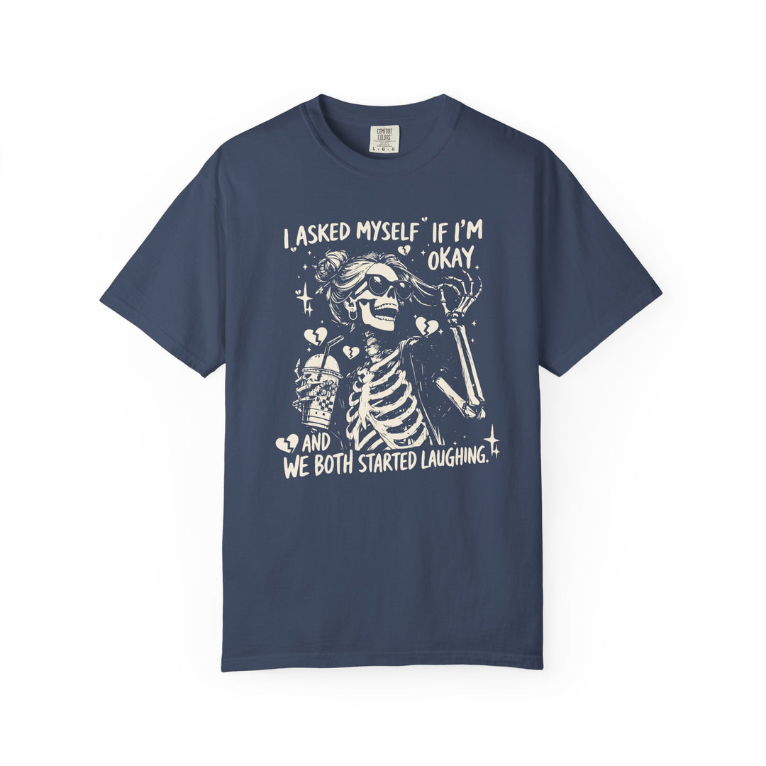 Navy-blue I asked myself Tee featuring a skeleton in sunglasses with a messy bun, holding a drink, surrounded by broken hearts and sparkles, quoting humorously.