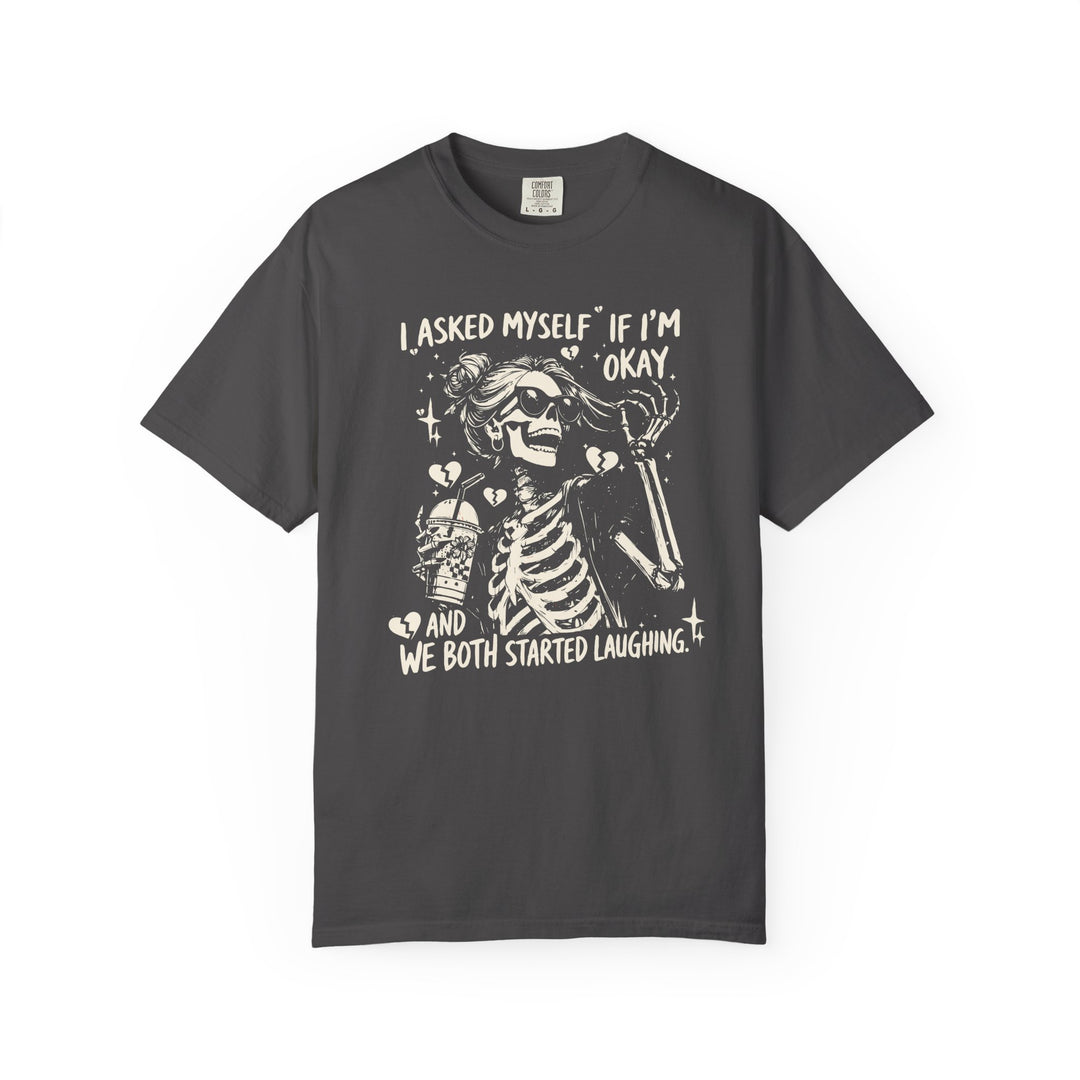 I asked myself Tee: Charcoal T-shirt featuring a laughing skeleton with sunglasses and an iced drink, accented by humorous text and playful doodles.