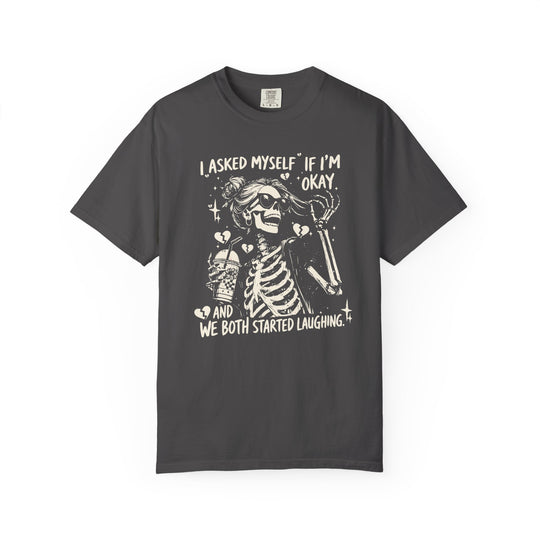I asked myself Tee: Charcoal T-shirt featuring a laughing skeleton with sunglasses and an iced drink, accented by humorous text and playful doodles.