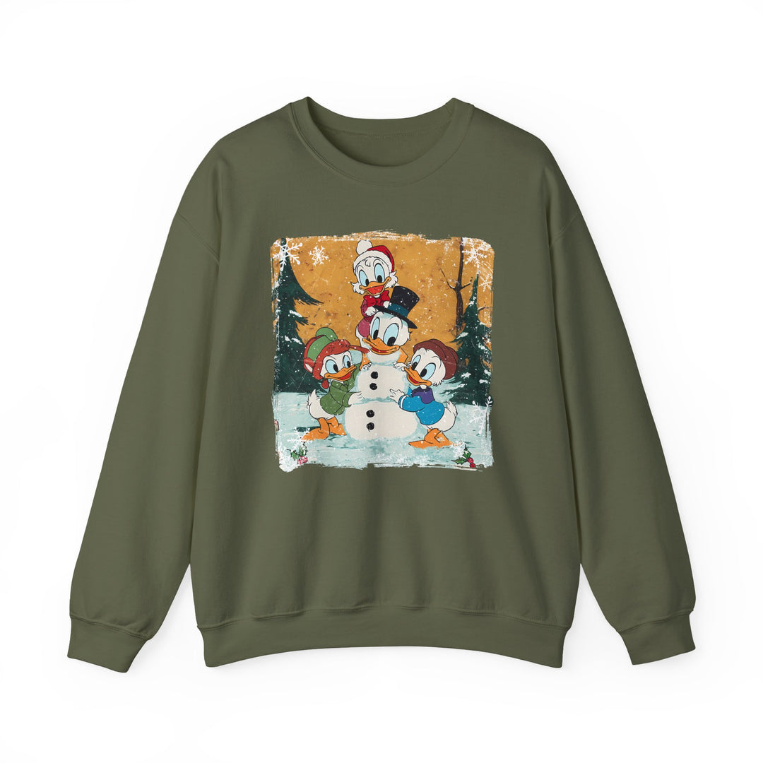 Duck Snowmen Crew sweatshirt featuring Donald Duck and nephews building a snowman in a snowy forest, perfect for cozy winter comfort.