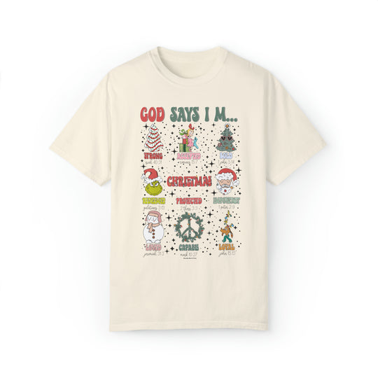 A white t-shirt featuring various designs, including a cartoon Santa Claus, peace sign with lights, and a snowman with a scarf and hat. Unisex, garment-dyed sweatshirt with relaxed fit and 80% ring-spun cotton, 20% polyester blend.