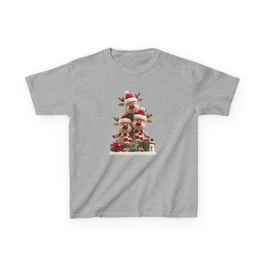 Reindeer Tree Kids Tee features playful reindeer stacked in a pyramid, adorned with festive Santa hats, scarves, and surrounded by gifts and a snowman.