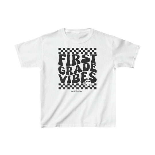 A kids' heavy cotton tee featuring 1st Grade Vibes text. Made of 100% cotton with twill tape shoulders for durability and ribbed collar for curl resistance. Classic fit, tear-away label, ideal for printing.