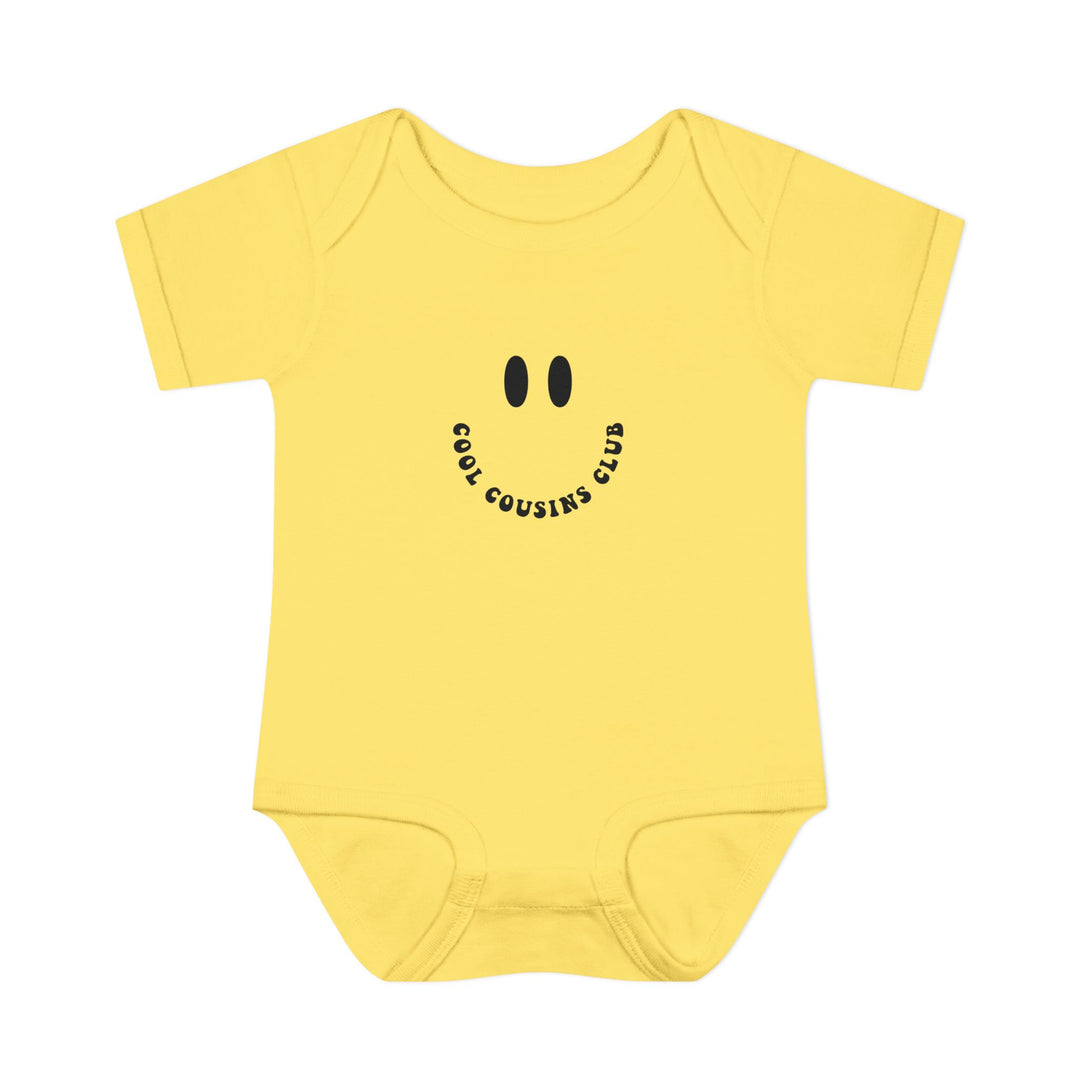 Cool Cousins Club Onesie: Soft, unisex infant bodysuit with lap shoulders, made of 100% combed ringspun cotton, ensuring comfort and easy adjustments for babies.