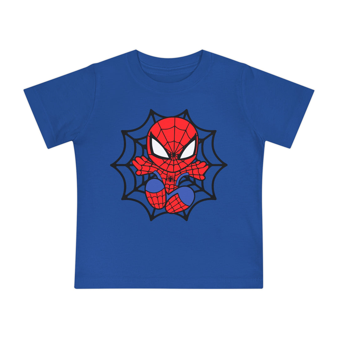 Spider Kid Baby Tee: Blue kids' T-shirt featuring a cartoon Spider-Man inside a spider-web design, made from soft, durable, pre-shrunk cotton for comfort and style.