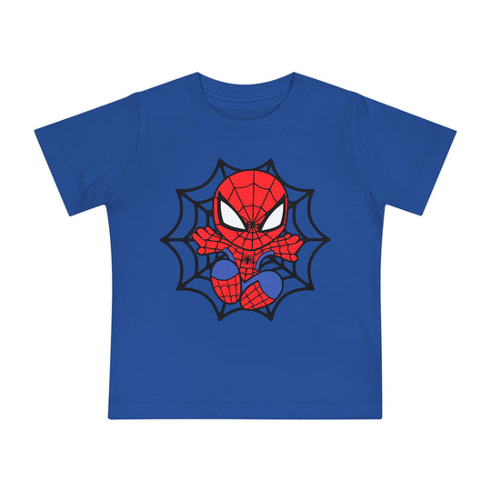 Spider Kid Baby Tee: Blue kids' T-shirt featuring a cartoon Spider-Man inside a spider-web design, made from soft, durable, pre-shrunk cotton for comfort and style.