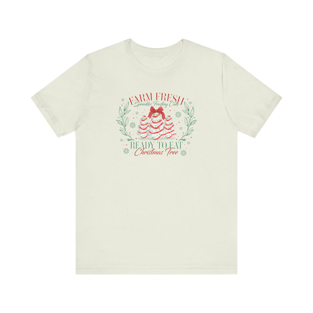 Farm Fresh Cookies Tee features holiday-themed cake tree illustrations and festive script on a soft, classic unisex jersey, perfect for celebrating the season.