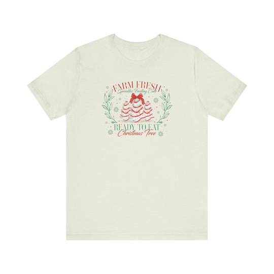 Farm Fresh Cookies Tee features holiday-themed cake tree illustrations and festive script on a soft, classic unisex jersey, perfect for celebrating the season.