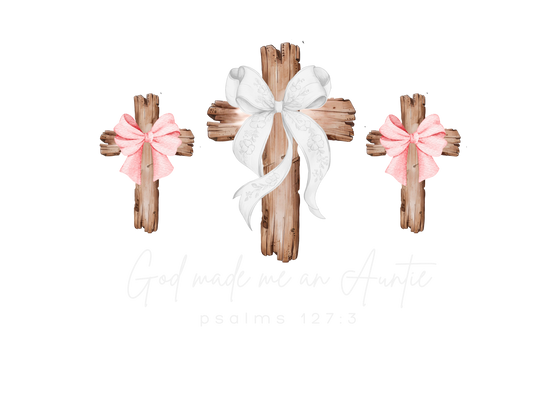 God Made Me a Girl Auntie Crew sweatshirt features three rustic wooden crosses with ribbon bows and the phrase “God made me an Auntie,” highlighting comfort and style.