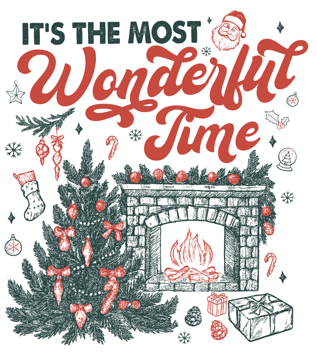 Most Wonderful Time of the Year Hoodie with vintage-style holiday illustration featuring Santa, a decorated Christmas tree, and cozy fireplace scene on a soft, warm fabric.