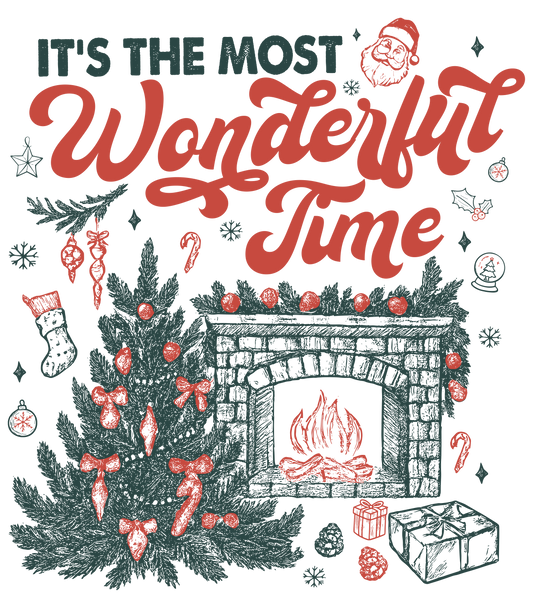 Most Wonderful Time of the Year Hoodie with vintage-style holiday illustration featuring Santa, a decorated Christmas tree, and cozy fireplace scene on a soft, warm fabric.