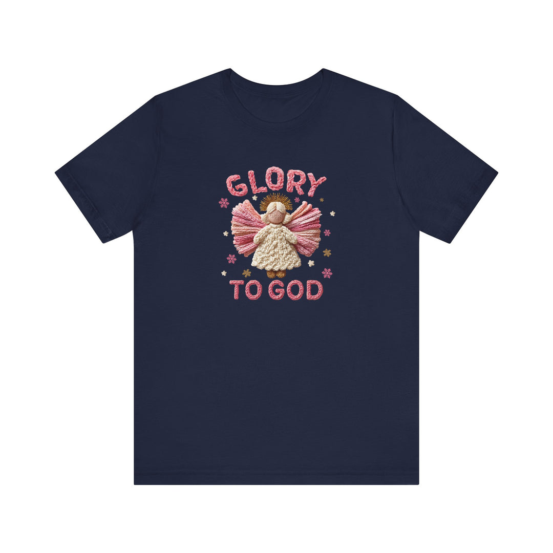 Navy-blue Glory to God tee featuring an embroidered-style angel with pink, cream wings, and stars; crafted from soft cotton with a retail fit.