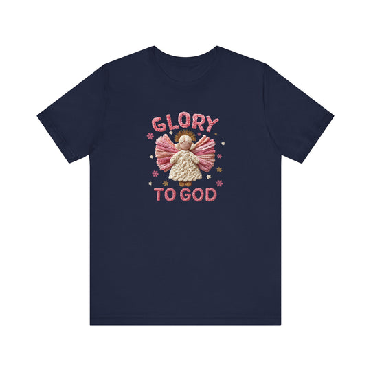 Navy-blue Glory to God tee featuring an embroidered-style angel with pink, cream wings, and stars; crafted from soft cotton with a retail fit.