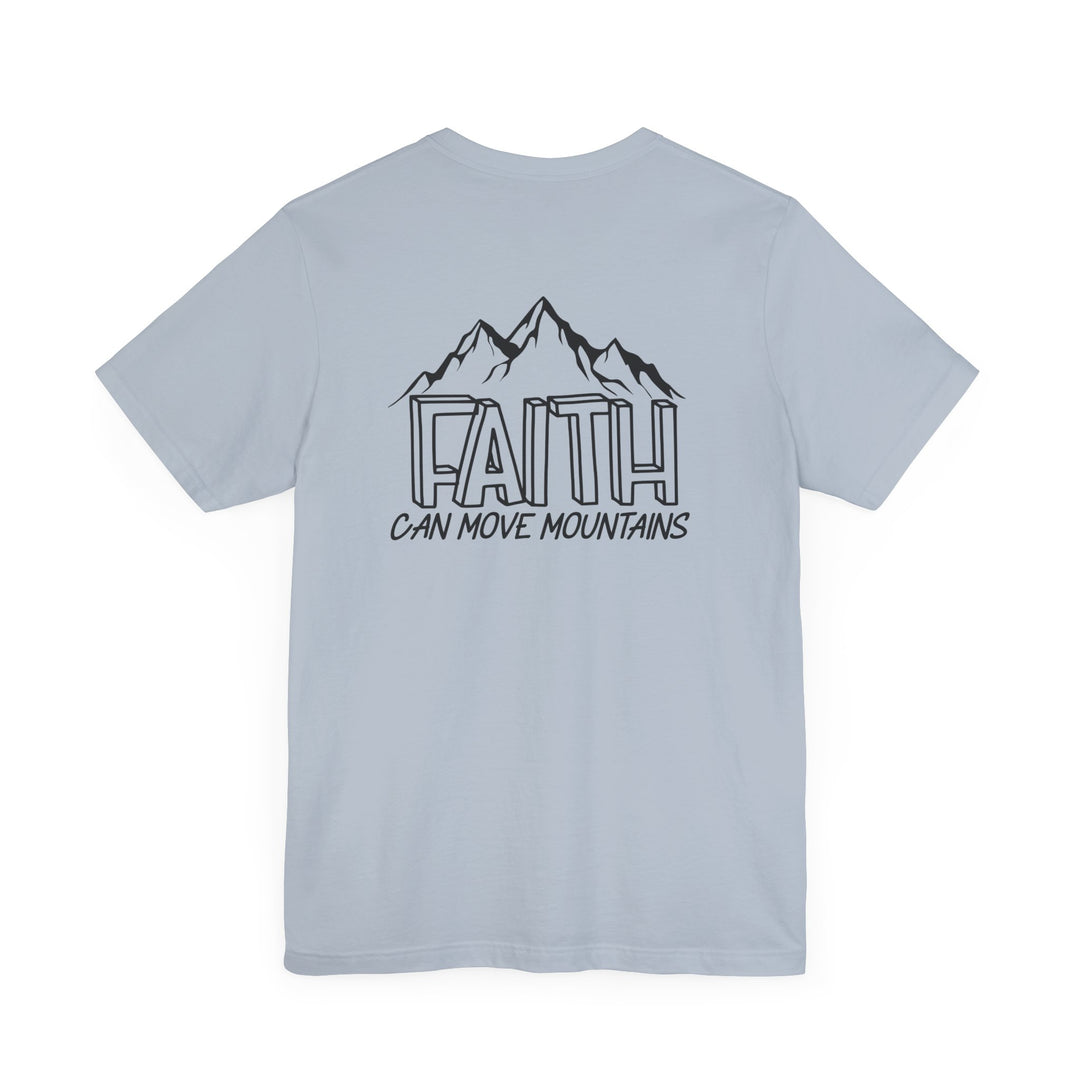 Unisex white tee with a back print of mountains and a logo, featuring ribbed knit collars and shoulder taping for durability. Made of 100% Airlume combed cotton. Retail fit, tear away label. Sizes XS to 3XL.