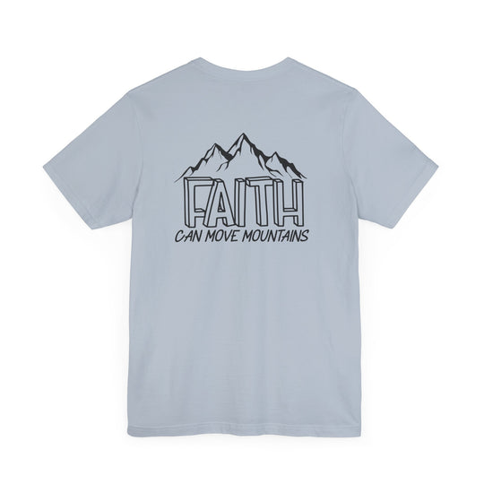 Unisex white tee with a back print of mountains and a logo, featuring ribbed knit collars and shoulder taping for durability. Made of 100% Airlume combed cotton. Retail fit, tear away label. Sizes XS to 3XL.