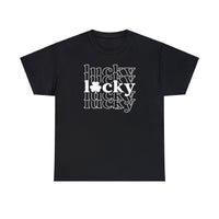 Unisex Lucky Lucky Lucky Tee, black shirt with white text, active shirt, classic fit, 100% cotton, medium weight fabric, ribbed knit collar, no side seams, durable tape shoulders.