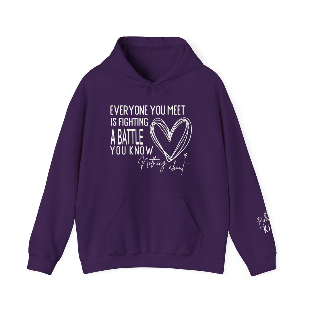 Deep purple Fighting a Battle hoodie with white lettering and hand-drawn heart, featuring kangaroo pocket and Be Kind sleeve detail.