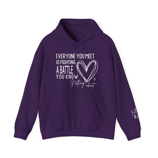 Deep purple Fighting a Battle hoodie with white lettering and hand-drawn heart, featuring kangaroo pocket and Be Kind sleeve detail.