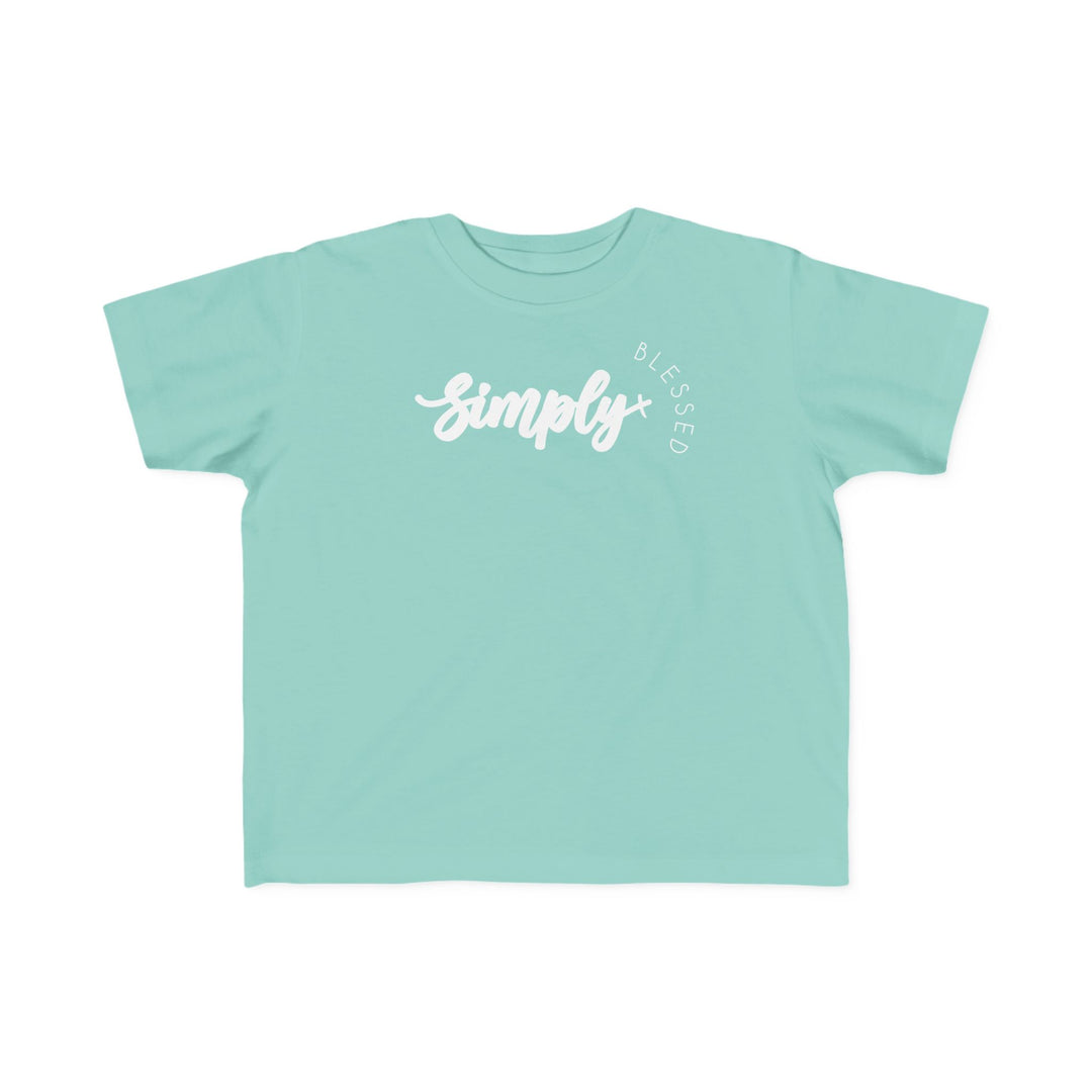 Simply Blessed Toddler's Tee features white text on a blue background, designed for comfort with soft, 100% combed cotton, ideal for toddlers.