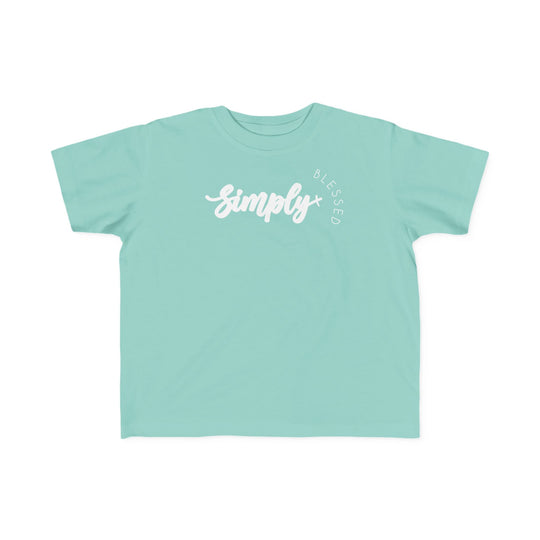 Simply Blessed Toddler's Tee features white text on a blue background, designed for comfort with soft, 100% combed cotton, ideal for toddlers.