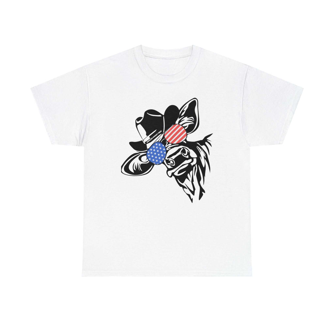 Unisex heavy cotton tee featuring a cow in a hat and patriotic circles. Classic fit with durable tape on shoulders and ribbed knit collar. Ideal for casual fashion. From 'Worlds Worst Tees'.