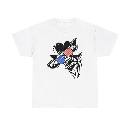 Unisex heavy cotton tee featuring a cow in a hat and patriotic circles. Classic fit with durable tape on shoulders and ribbed knit collar. Ideal for casual fashion. From 'Worlds Worst Tees'.