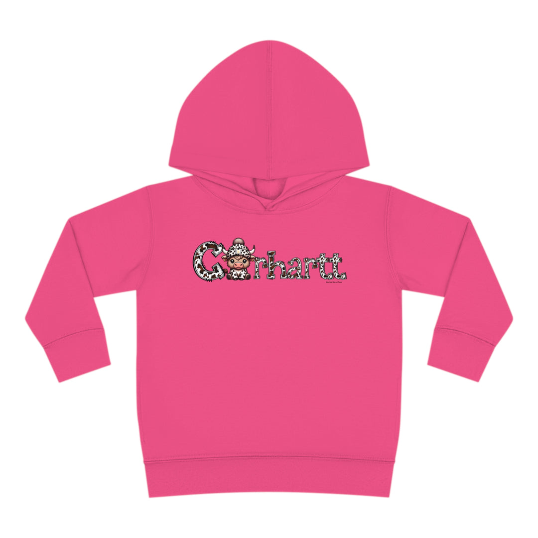 Toddler hoodie with cow design, jersey-lined hood, and side seam pockets for durability and coziness. 60% cotton, 40% polyester blend. Sizes: 2T, 4T, 5-6T. Length: 15.62-17.62 in, Width: 14.50-16.50 in, Sleeve length: 12.00-13.50 in.