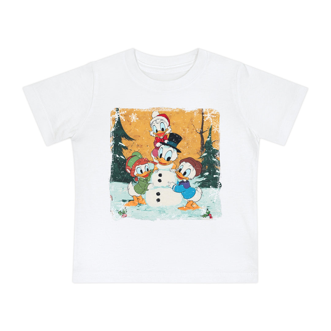 Duck Snowmen Baby Tee featuring Donald Duck and nephews building a snowman in a snowy forest; soft, durable, pre-shrunk cotton for comfort and style.