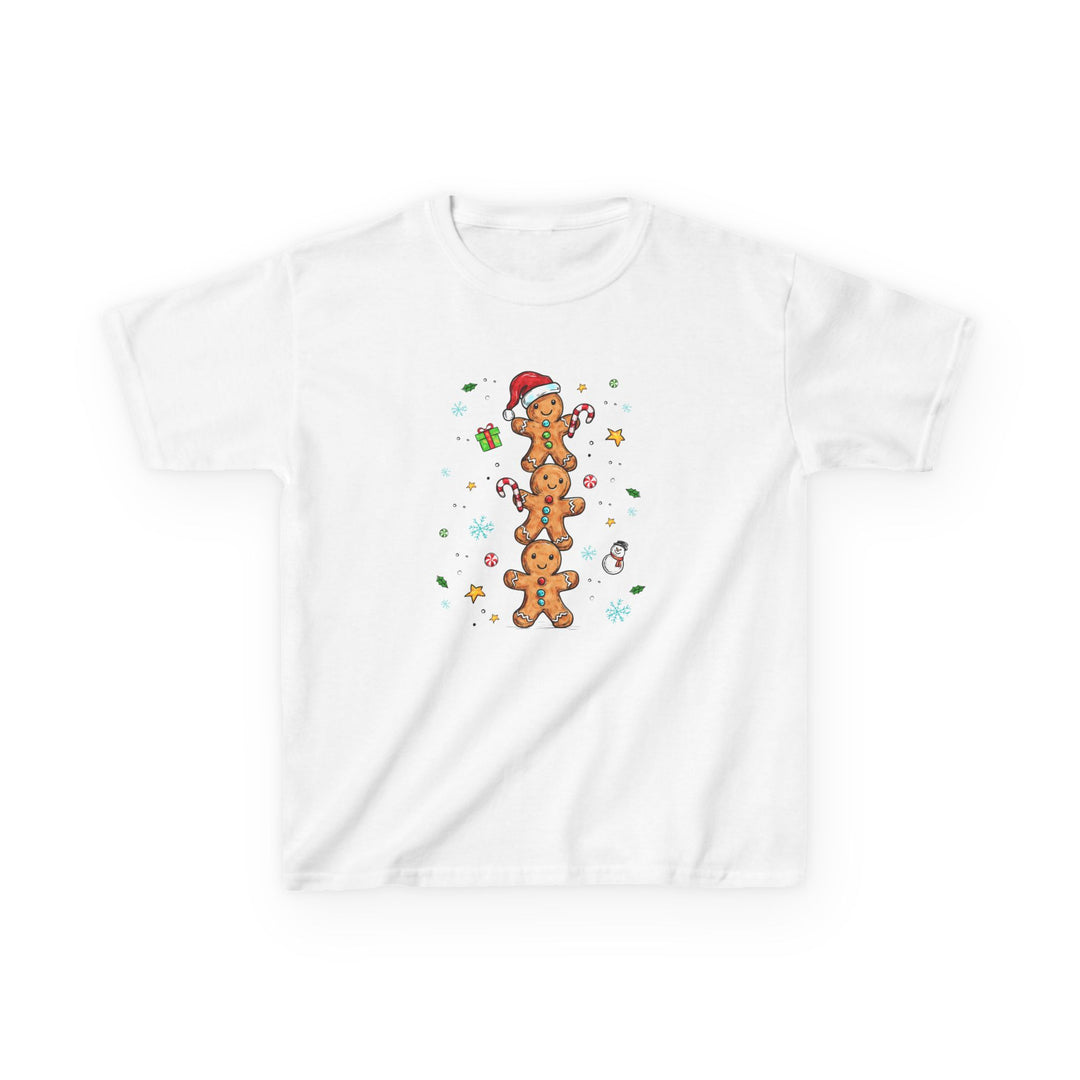 Gingerbread Stack Kids Tee features festive gingerbread-men graphics with candy canes, snowflakes, and holly on a durable white cotton t-shirt, perfect for holiday fun.