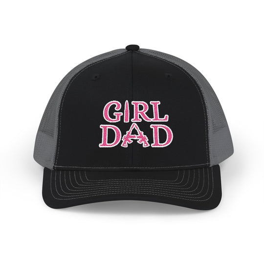 Girl Dad Snapback Trucker Cap with pink embroidery, featuring a black and grey design, adjustable snap closure, and breathable mesh back.
