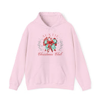 Light pink AUNTIE Christmas Club hoodie with candy cane graphic and kangaroo pocket, ideal for cozy festive wear.