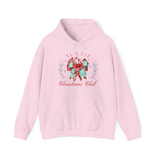Light pink AUNTIE Christmas Club hoodie with candy cane graphic and kangaroo pocket, ideal for cozy festive wear.