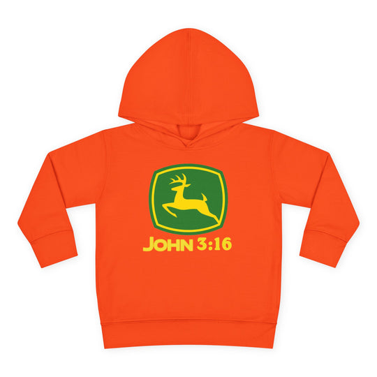 John 3:16 Toddler Hoodie featuring a leaping deer emblem, designed for comfort with a durable hood, side-seam pockets, and cover-stitched details.