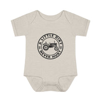 Baby onesie with tractor emblem and A LITTLE DIRT NEVER HURT. Perfect for infants, featuring lap shoulders and soft, 100% combed ringspun cotton for comfort.