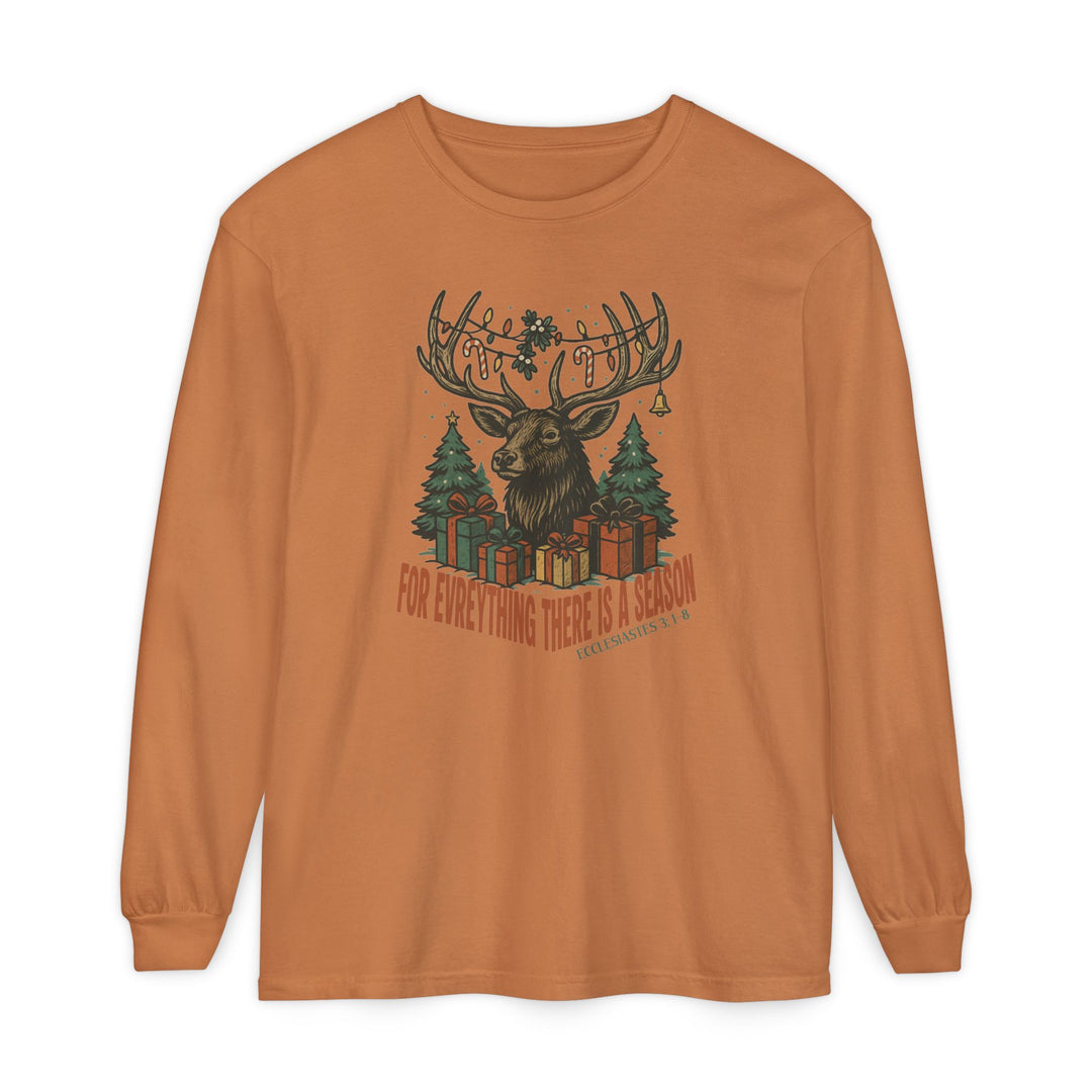 For Everything there is a Season Christmas Long Sleeve Tee featuring a stag's head with festive decor, flanked by pine trees, showcasing holiday cheer.