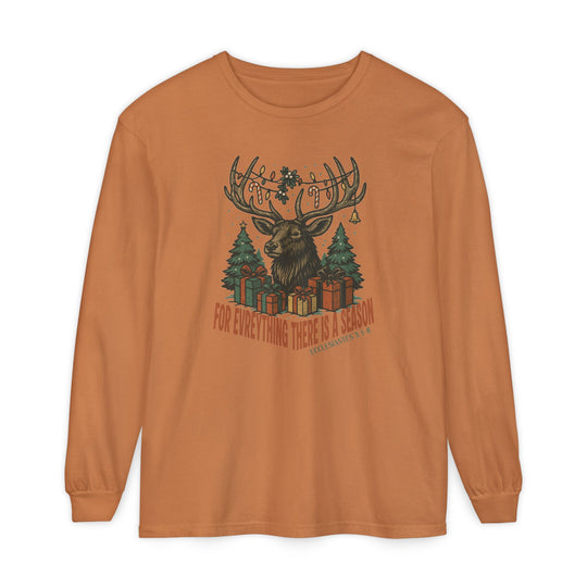 For Everything there is a Season Christmas Long Sleeve Tee featuring a stag's head with festive decor, flanked by pine trees, showcasing holiday cheer.