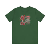 Praise Him in Every Season Tee: Forest-green T-shirt featuring a wooden cross with a red bow, poinsettias, snowflakes, and Psalm 146:2, promoting faith in every season.