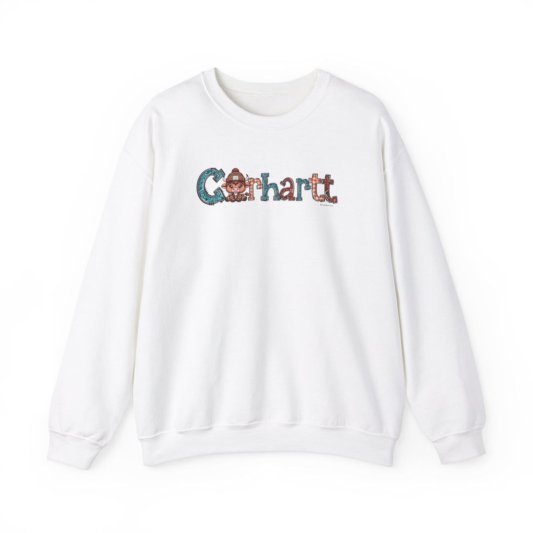 A white Cowhartt Crew unisex heavy blend crewneck sweatshirt featuring a cartoon cow with horns and a hat. Made of 50% cotton, 50% polyester, ribbed knit collar, and no itchy side seams.