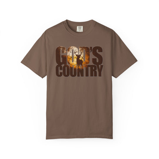 God's Country Tee featuring a sunset forest and buck silhouette in block letters, short-sleeved, relaxed fit, durable Comfort Colors brand.